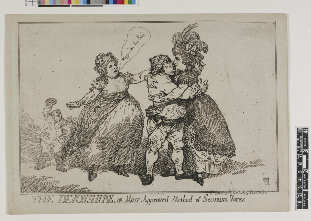 Papier mit einer Zeichnung von drei Personen (zwei Frauen, ein Mann), Text 'The Devonshire, or Most Approved Method of Securing Votes' und Farboptionen oben.