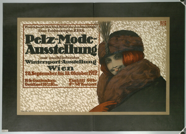 Ein Plakat, das ein Winter-Sportevent in Wien, Österreich, bewirbt, mit einer lachenden Frau in einem Pelzmantel und Hut, sowie Event-Text.