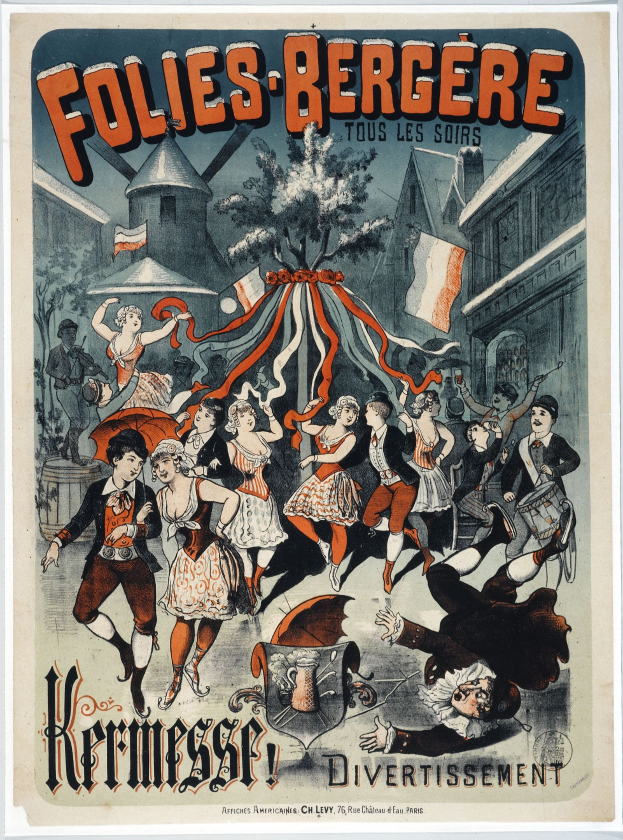 Plakat für das Folies Berg├Ęre-Festival in Paris mit tanzenden Menschen im Vordergrund und Geb├Ąuden, B├Ąumen und Flaggen im Hintergrund und Text, der das Ereignis ankündigt.