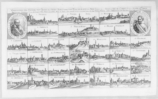 Schwarz-weiß-Zeichnung von Köln, Deutschland, die die historische Entwicklung der Stadt mit Gebäuden, Bildern und begleitendem Text illustriert.