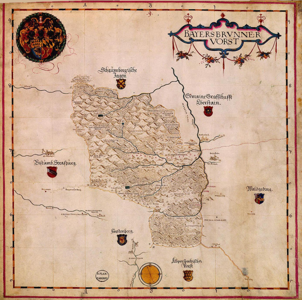 Eine Karte von Bayern aus dem 15. Jahrhundert, die geografische Merkmale wie Flüsse, Berge und Städte zeigt und von informativem Text und Logos begleitet wird.