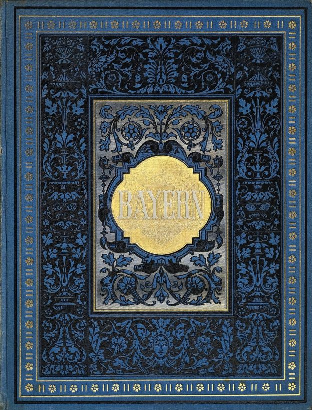 Ein blau-goldenes Buch mit dem Wort 'Bayern' auf dem Cover und detaillierten Designs.
