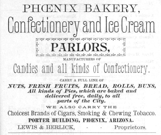 Werbung für Phoenix Bakery, einen Konditorei- und Eisdielen-Betrieb, mit Text, der die Angebote beschreibt.