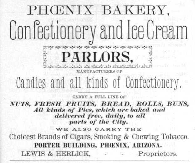 Werbung für Phoenix Bakery, einen Konditorei- und Eisdielen-Betrieb, mit Text, der die Angebote beschreibt.