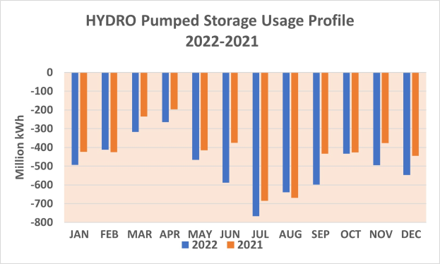 Ein Balkendiagramm, das den hydrogepumpten Speichergebrauch von 2021 bis 2022 zeigt, wobei jeder Balken ein Jahr darstellt und seine Höhe den Speichergebrauch angibt, einschließlich Text mit zusätzlichen Datendetails.