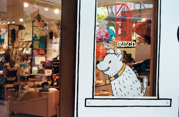 Eine Abbildung eines Hundes mit Text auf der rechten Seite und auf der linken Seite ein Raum mit Lampen, Flaggen, Regalen, Sofas, Kleidung, Deko, Menschen, Stühlen und verschiedenen anderen Gegenständen.