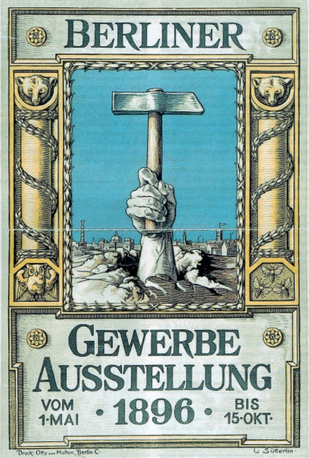 Plakat von der Berliner Gewerbeausstellung 1896 mit einer Hand, die einen Hammer hält, bewirbt ein Ereignis in Berlin, Deutschland.