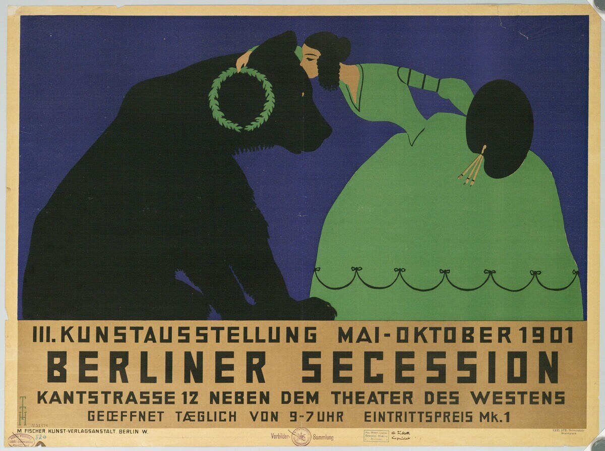 Plakat der Berliner Secession mit einer Frau in grünem Kleid und einem Mann in schwarzem Anzug, mit Text Beschreibung des Ereignisses.