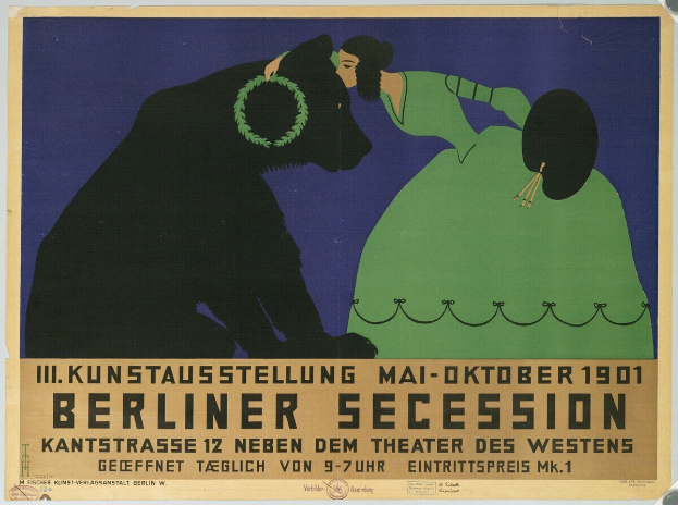 Plakat der Berliner Secession mit einer Frau in grünem Kleid und einem Mann in schwarzem Anzug, mit Text Beschreibung des Ereignisses.