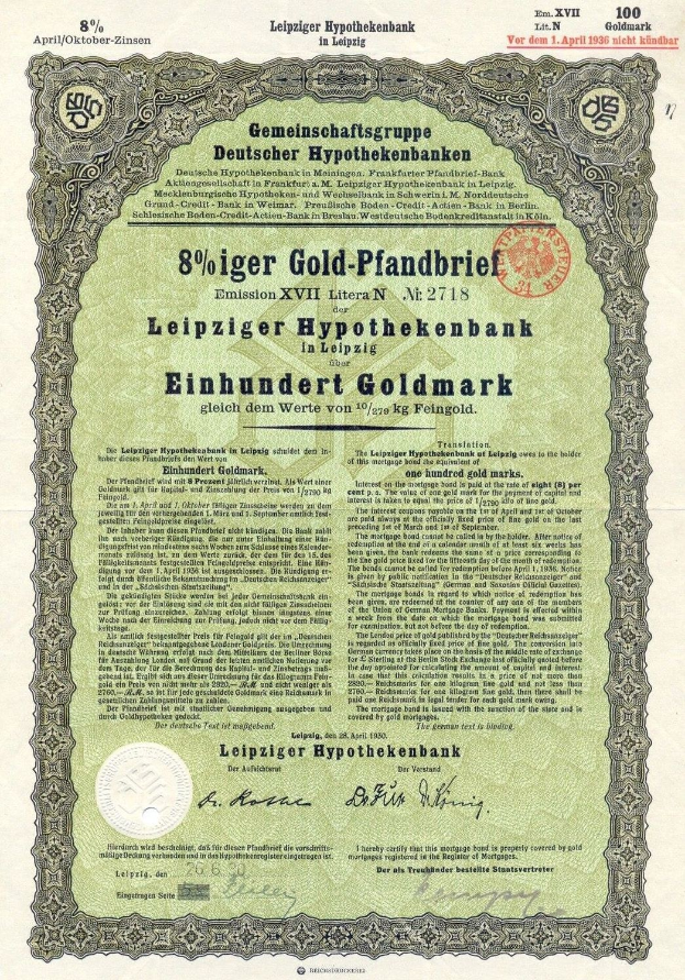 Ein grünes Wertpapier der Leipziger Hypothekbank mit gedrucktem Text und einem Stempel.