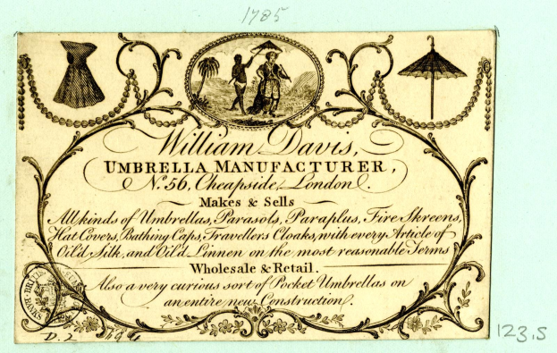 Alte Visitenkarte mit William Davis, einem Schirmhersteller, und Textbeschreibung der Unternehmensleistungen.