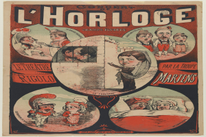 Plakat für ein Konzert im Chorloge-Theater in Paris mit einer Gruppe von Menschen in farbenfrohen Kostümen in einer lebhaften Umgebung, umgeben von Text.