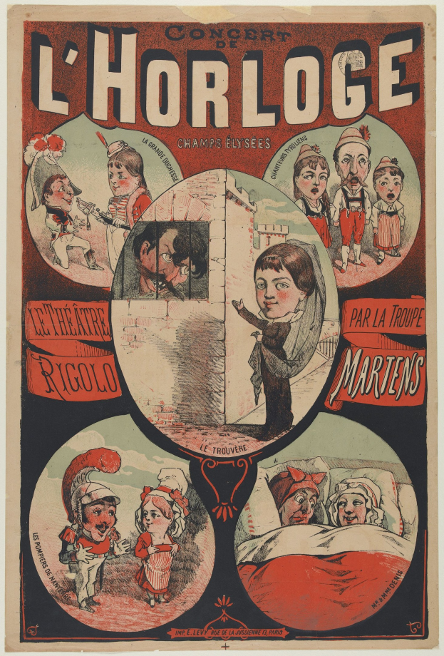 Plakat für ein Konzert im Chorloge-Theater in Paris mit einer Gruppe von Menschen in farbenfrohen Kostümen in einer lebhaften Umgebung, umgeben von Text.