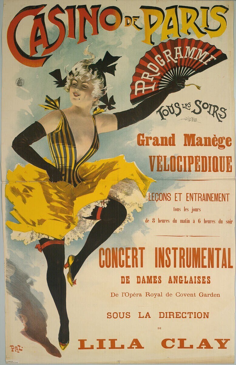 Plakat einer Frau in einem hellgelben Kleid mit hohem Kragen und langen Ärmeln, die einen Fächer hält, mit "Casino de Paris" in fetter schwarzer Schrift oben auf einem tiefblauen Hintergrund.