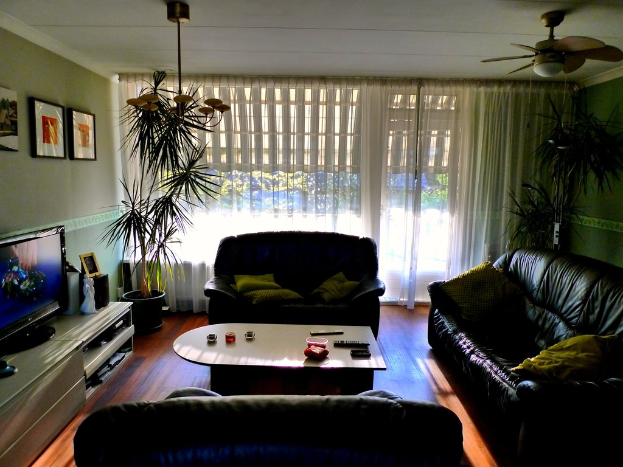 Ein Wohnzimmer mit drei Sofas in der Mitte um einen Tisch herum, ein Fernseher an der linken Wand mit Fotos, ein großes Fenster mit weißen Vorhängen links und Pflanzen in beiden Ecken, sowie ein Deckenventilator und eine Leuchte.