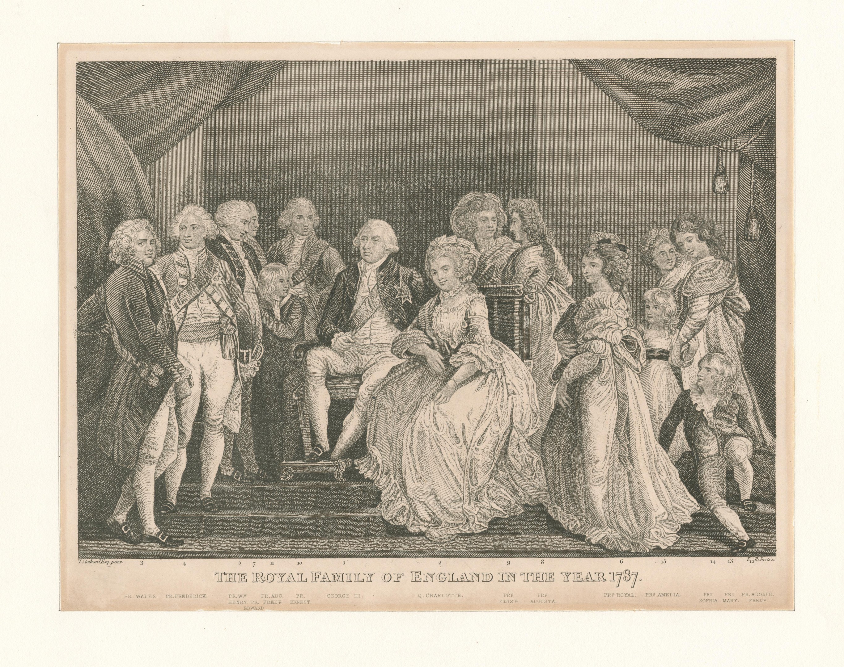 Gruppenporträt der britischen Königsfamilie im Jahr 1787, sitzend und stehend auf einer Treppe mit einem Vorhangwandhintergrund, einschließlich eingravierten Textes unten.