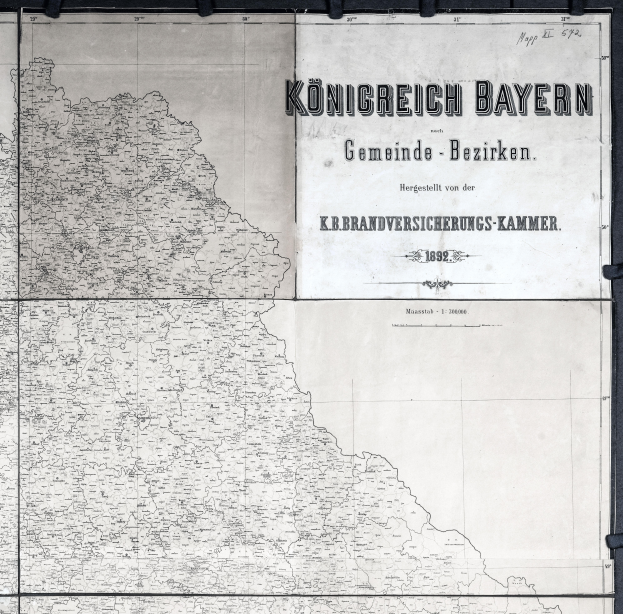 Eine schwarz-weiße detaillierte Karte von Königreich Bayern, Deutschland, die geografische Merkmale wie Flüsse, Berge und Städte zeigt.