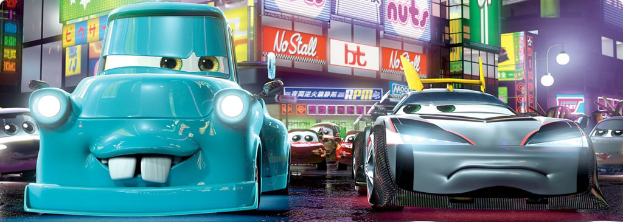 Eine Karikatur-Szene mit Autos auf der Straße, Gebäuden, Straßenlaternen, Reklameplakaten.