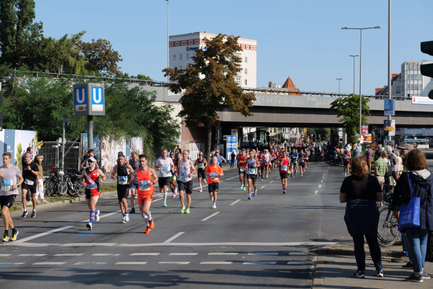 Gruppe von Menschen, die bei einem Marathon auf einer von Bäumen gesäumten Straße laufen, mit Schildern und einem Zaun unter einem klaren blauen Himmel.