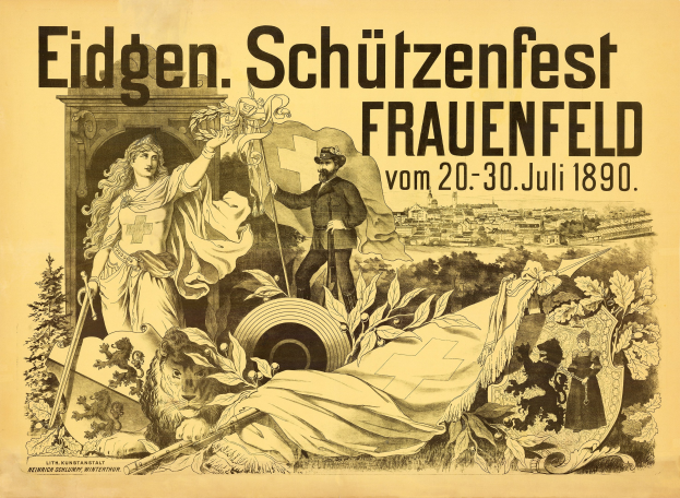 Alter Plakatentwurf für das Eidgenössische Schützenfest in Frauenfeld, Deutschland, mit einem Mann im Anzug und einer Frau im Kleid, die nebeneinander stehen, sowie Veranstaltungseinzelheiten.