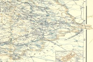 Ein altes Straßenkarte von Rinkjöbing, Deutschland, mit Straßen, Autobahnen und anderen Gebietseinrichtungen, auf Papier gedruckt.