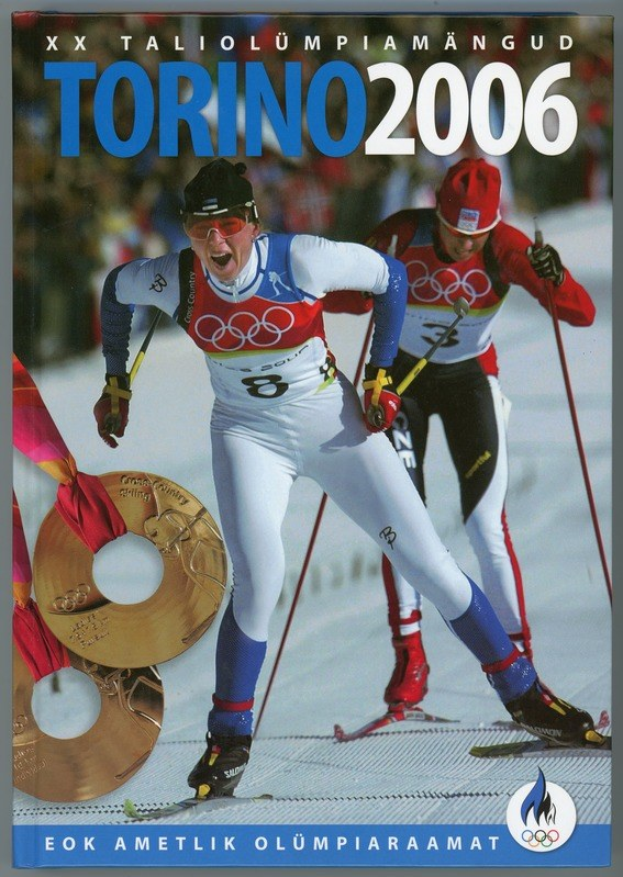 Plakat für die Olympischen Winterspiele 2006 in Turin, Italien, das zwei Skifahrer auf Schnee mit Ski-Stöcken und dem Text "Torino 2006" oben zeigt.