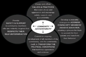 Diagramm, das "Gemeinschaftsverantwortung" in der Mitte zeigt, verbunden über Pfeile mit drei überschneidenden Kreisen, die die drei miteinander verbundenen Komponenten darstellen, mit fetter Schrift und leuchtenden Farben.