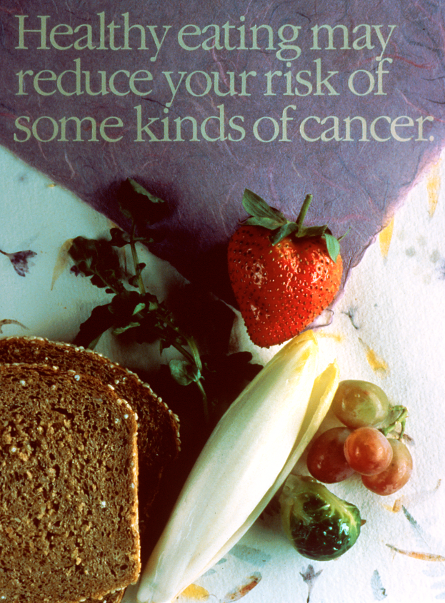Ein Plakat mit dem Text "gesunde Ernährung kann Ihr Risiko für bestimmte Krebserkrankungen verringern" und Abbildungen von einem Brotstück, einer Erdbeere und einigen Trauben.