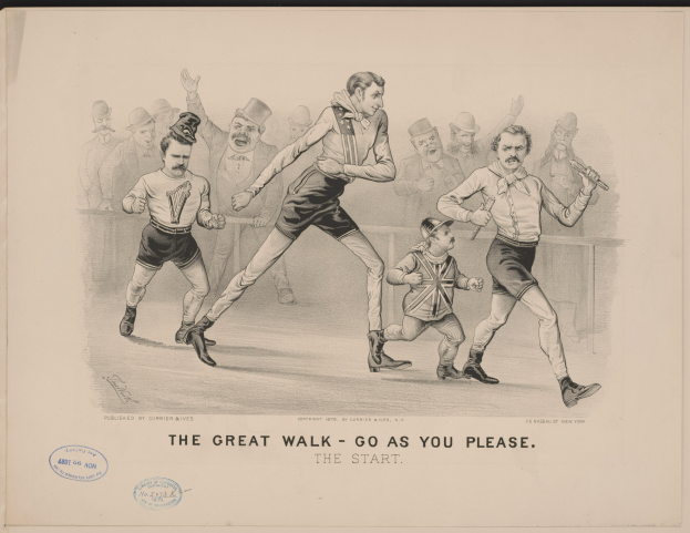 Eine lebendige Zeichnung auf Papier zeigt eine Gruppe von Menschen, die in einer Reihe laufen, wobei einige auf ein Ziel hin sprinten, begleitet von dem Text "the great walk - go as you please the start" unten.