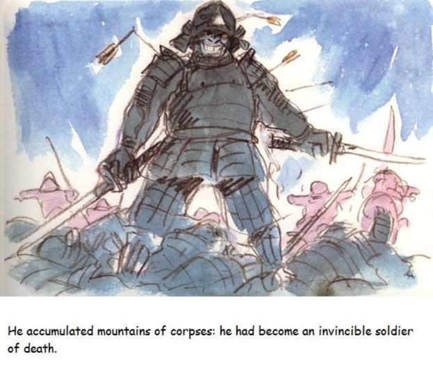 Ein Soldat steht in der Mitte des Bildes mit einem Berg von Körpern hinter ihm, der seine Unbesiegbarkeit symbolisiert.