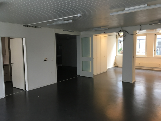 Leerer Büroraum mit schwarzen Böden, weißen Wänden, elektrischem Licht, Kabeln, Türen, Schränken, Fenstern und einem Blick auf Gebäude und Bäume draußen, befindet sich in Amsterdam.