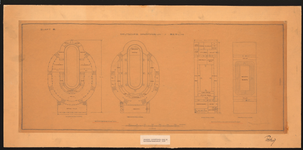 Eine Schwarz-Weiß-Zeichnung des Deutschen Sportforums in Berlin, die detaillierte Grundrisse und beschreibenden Text enthält.