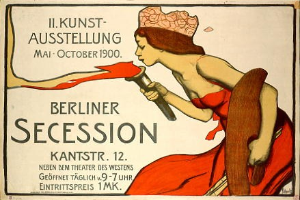 Plakat aus der Berliner Secession von 1900, das eine Frau in rotem Kleid zeigt, die ein Objekt hält, mit Text zu den Veranstaltungsdetails.