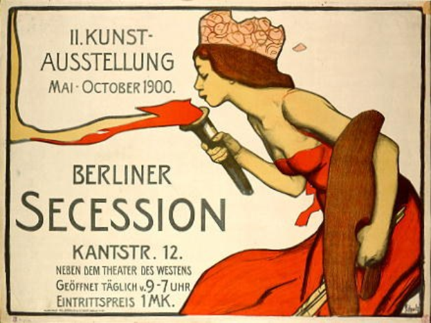 Plakat aus der Berliner Secession von 1900, das eine Frau in rotem Kleid zeigt, die ein Objekt hält, mit Text zu den Veranstaltungsdetails.