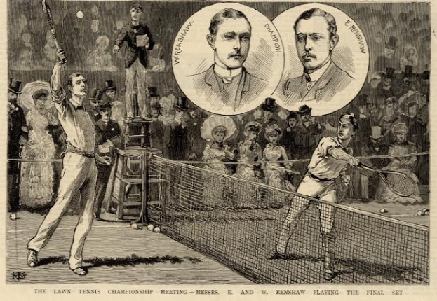 Schwarze und weiße Zeichnung von zwei Männern, die auf einem Court mit einem Netz Tennis spielen, umgeben von Zuschauern, und Text unten mit der Aufschrift "The Lawn Tennis Championship Meeting - Messers, E und W Renshaw Playing the Final Set".