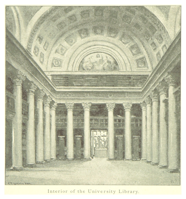 Innenansicht einer prächtigen Universitätsbibliothek mit hohen Säulen und kunstvollen Deckenentwürfen, mit Text am unteren Rand, der das Ästhetische betont.