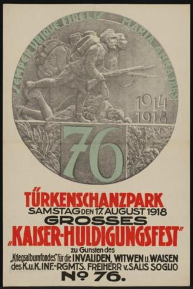 Plakat zum 70-jährigen Jubiläum des Kaiser-Huldigungsfestes in Berlin, Deutschland, das eine Gruppe von Menschen mit Text und Zahlen umgeben zeigt.