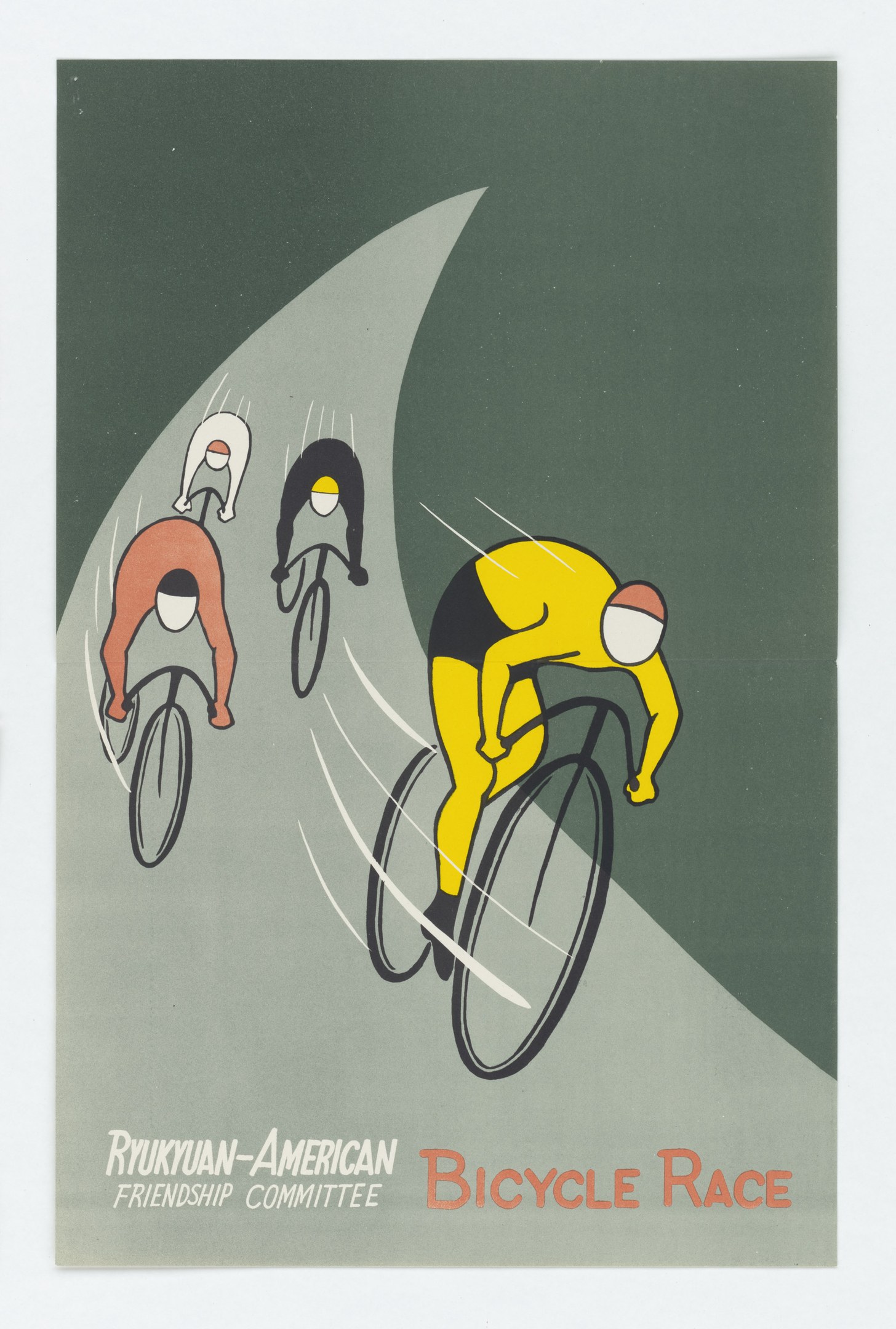 Plakat für den Ryukuan-Amerikanischen Freundschaftsausschuss Fahrradrennen, das fahrende Radfahrer mit Veranstaltungstext zeigt.