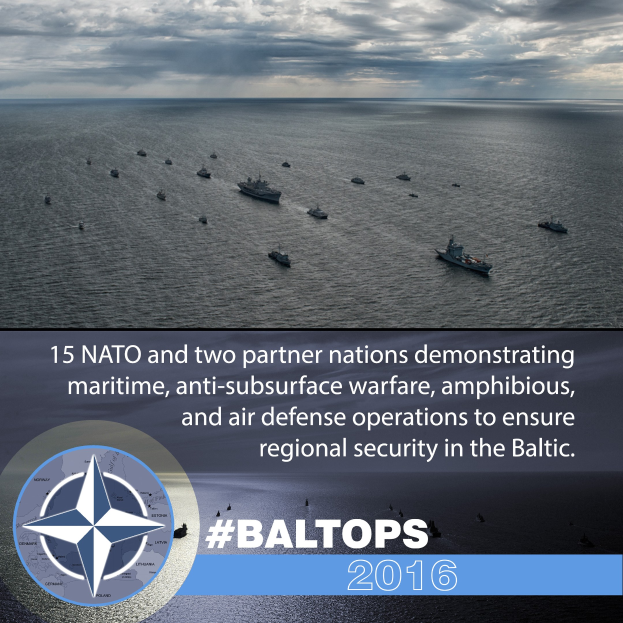 Gruppe von Schiffen auf dem Wasser mit bewölktem Himmel, mit Text und Logo über NATO-Meeroperationen in der Ostsee.
