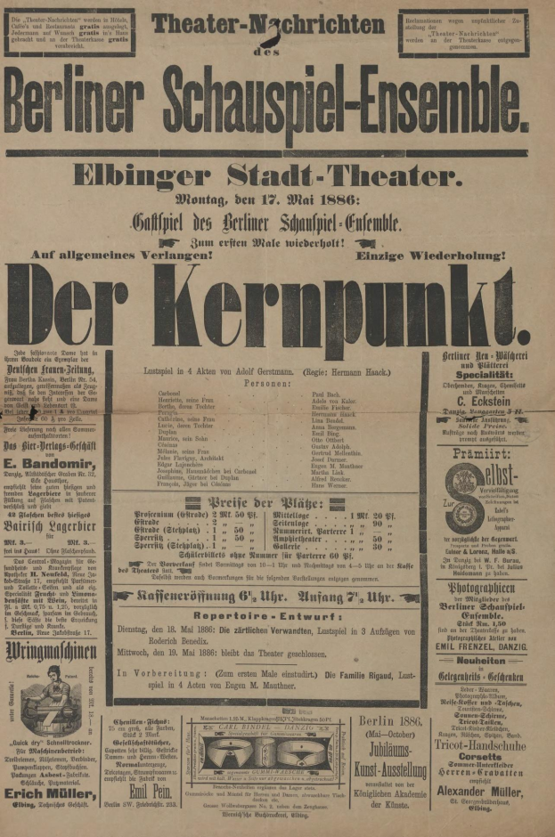 Alte Zeitungsannonce für das Berliner Schauspiel-Ensemble mit einem Mann im Anzug und Krawatte, mit Text, der das Ereignis beschreibt.