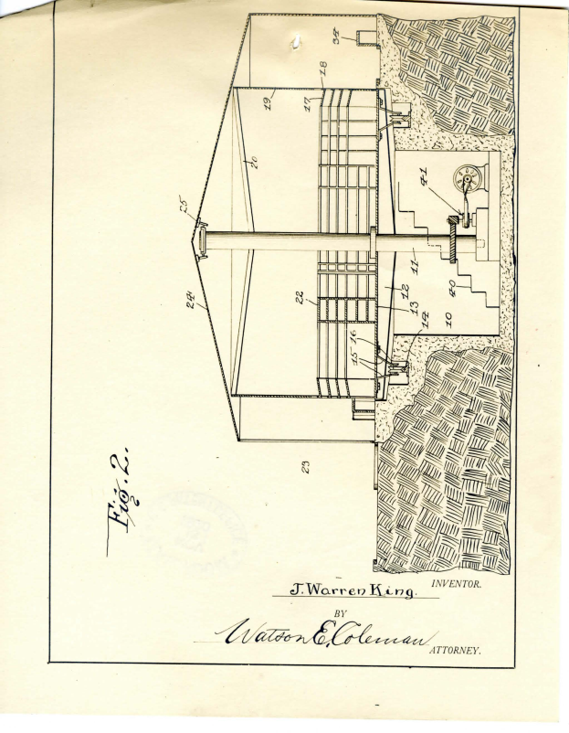 Ein detailliertes Gebäudezeichnung, wahrscheinlich ein Wasserpumpenpatent, mit verschiedenen Zahlen und Textanmerkungen auf einem Blatt Papier.
