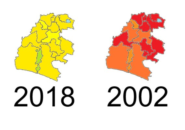 Karte von Deutschland, die die provinziellen Grenzen von 2002 und 2018 in Gelb, Rot und Orange auf einem weißen Hintergrund hervorhebt, mit Text.