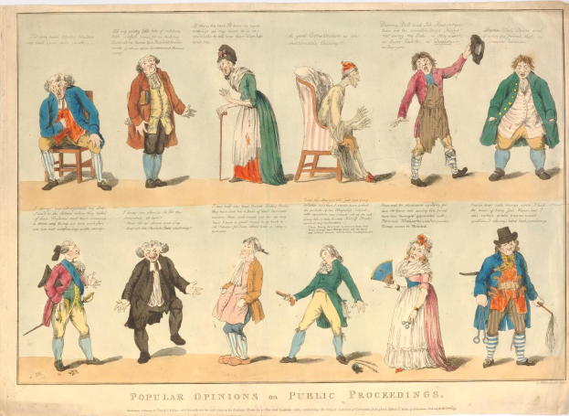 Zeitung mit Abbildungen von Menschen und handgeschriebenem Text, der öffentliche Meinungen zu rechtlichen Verfahren zusammenfasst.