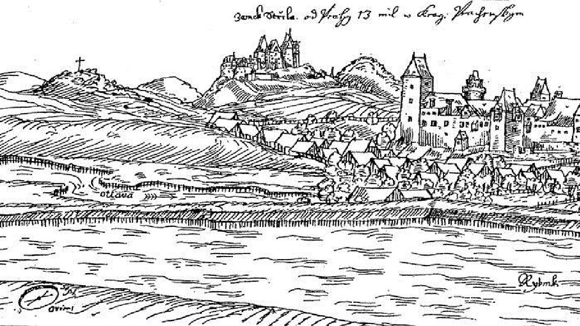 Schwarze und weiße Zeichnung einer Burg auf einem Hügel mit Häusern, Bäumen und Wasser darunter, beschriftet mit "Bayern, Deutschland" oben.