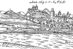 Schwarze und weiße Zeichnung einer Burg auf einem Hügel mit Häusern, Bäumen und Wasser darunter, beschriftet mit "Bayern, Deutschland" oben.