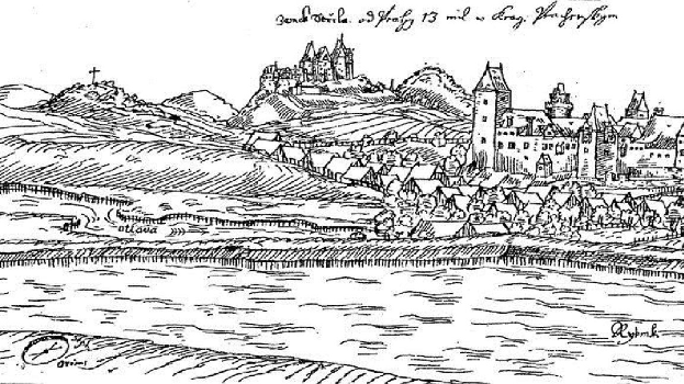 Schwarze und weiße Zeichnung einer Burg auf einem Hügel mit Häusern, Bäumen und Wasser darunter, beschriftet mit "Bayern, Deutschland" oben.