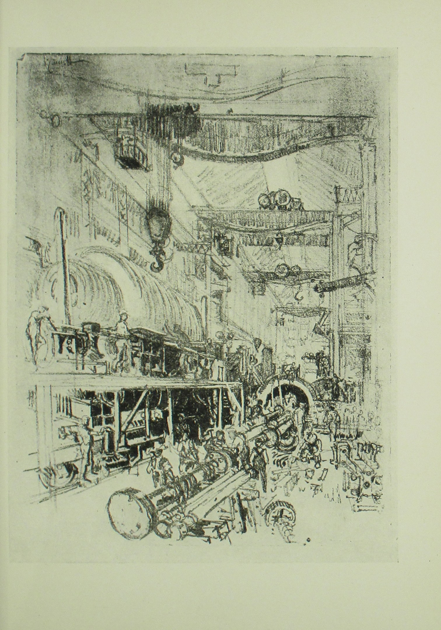 Ein detailliertes industrielles Fabriklayout mit Maschinen, Arbeitern und Equipment, mit Text unten.