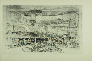 Ein detailliertes industrielles Fabriklayout mit Maschinen, Arbeitern und Equipment, mit Text unten.