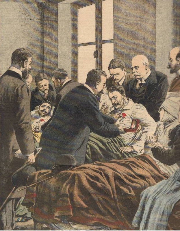 Eine Gruppe von Menschen umgibt einen Mann in einem weißen Laborkittel und Stethoskop, der auf einem Bett in einem Raum mit einem Fenster liegt, mit dem Text "TOD DES KÜNSTLERS IN PARIS" unten.