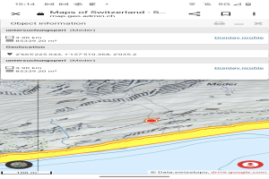 Ein Mobilbildschirm mit einer topografischen Karte der Schweiz und begleitendem Text und Icons, die detaillierte Informationen über den Bereich bereitstellen.